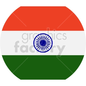 The image is a graphical representation of the national flag of India, depicted in a circular shape. The flag consists of three horizontal bands of color: saffron (orange) at the top, white in the middle, and green at the bottom, with a navy blue 24-spoke wheel (the Ashoka Chakra) in the center of the white band.