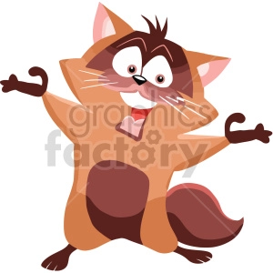 The clipart image presents a cartoonish illustration of a squirrel. The squirrel has a whimsical expression on its face, with big eyes and a smile. It's standing upright on its hind legs and seems to be in a cheerful, welcoming, or surprised pose with its front paws outstretched. The color scheme is mainly shades of brown with a pink inner ear and a small pink heart visible on its chest.