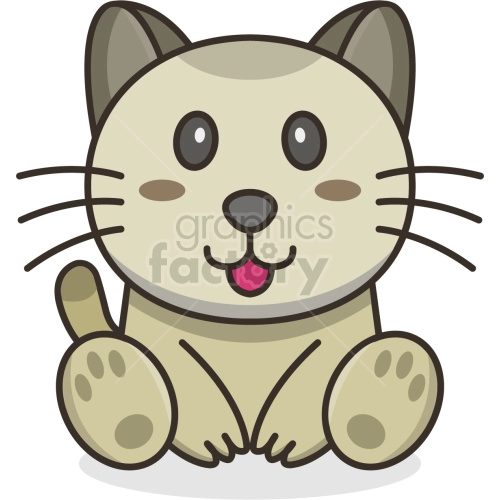 The image is a clipart of a cartoon cat. It features a cute, chubby cat with a grey and beige fur pattern. The cat has large, round eyes, a small pink tongue sticking out, prominent whiskers, and is sitting with its front paws visible, displaying little paw pads.