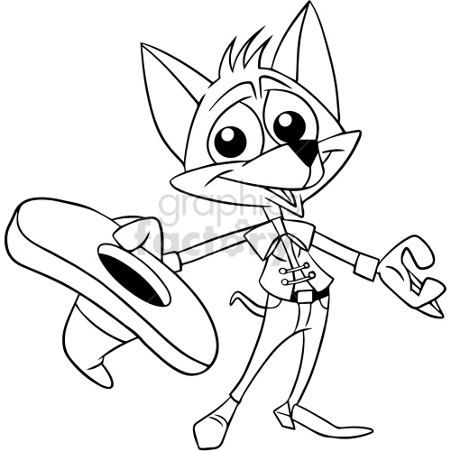 The clipart image shows a cartoon cat dressed as a cowboy. The cat is standing on two legs and is holding a cowboy hat with one hand (or paw) while the other hand appears to be making a friendly gesture or waving. The cat is adorned with typical cowboy attire including a vest, boots, and a bandana around its neck.
