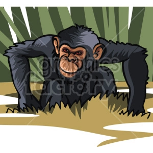 The clipart image features a stylized representation of a chimpanzee. The chimp is depicted sitting on what appears to be a grassy ground, with its arms resting on its knees. The background includes green leaf-like shapes, suggesting a jungle or forest setting.