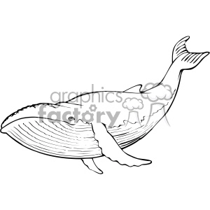 This black and white clipart image depicts a humpback whale, a large mammal known for its majestic underwater presence. The illustration shows the whale with its characteristic long pectoral fins and a distinctive bumpy head profile. The whale's body is streamlined, with its fluke (tail) raised as if it is swimming or possibly beginning a dive.