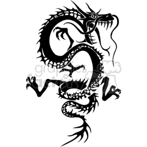 The image is a black and white vector illustration of a Chinese dragon. It's depicted in a dynamic, curling posture with details such as scales, claws, and a fierce face with an open mouth and sharp teeth.