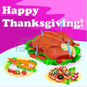 The image is a colorful clipart illustration featuring a traditional Thanksgiving meal. The primary focus is a large, cooked turkey in the center with steaming hot vapors, indicating it's freshly prepared and ready to be served. Surrounding the turkey are various Thanksgiving fixings. On the left side, there is an illustrated dish that appears to have sliced vegetables, possibly a salad or a type of open-faced sandwich. On the right side, there are what seem to be two pies, likely representing typical Thanksgiving desserts such as pumpkin or pecan pies. Behind the food, the text Happy Thanksgiving! is prominently displayed in a playful, large font against a whimsical purple and pink background which suggests a festive holiday mood.
