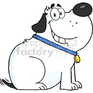 The clipart image shows a cartoon dog with comical features, including large googly eyes, an exaggerated smile, and a black spot covering one eye. The dog is wearing a blue collar with a yellow tag.