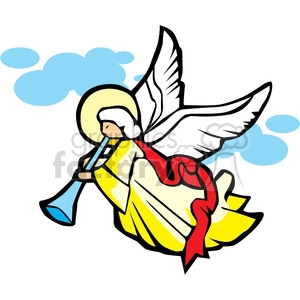 The image depicts a colorful illustration of an angel playing a trumpet. The angel is stylized with a yellow and red robe, white wings, and a halo above its head. There are also blue clouds in the background, giving the impression that the angel is flying or floating in the sky.