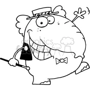 The clipart image depicts a cartoon elephant dressed as a magician, complete with a magic wand, bow tie, and a hat adorned with a band and a flower. The elephant has a cheerful expression with a wide grin, showing its teeth, and seems to be engaging in a joyful performance.