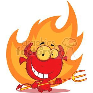 Happy little devil holding a pitchforkin front of a flame