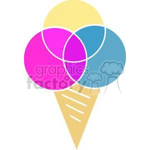 This is an abstract illustration of an ice cream cone with three overlapping scoops of ice cream in different colors—pink, yellow, and blue.