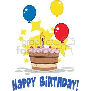 The clipart image shows a cartoon birthday cake with one lit candle, surrounded by colorful balloons and stars. It is meant to be comical and funny in style, and is likely designed for use in party or celebration-related contexts, particularly for first birthday parties or events. It has 'happy birthday' in text at the bottom of the image.
