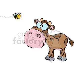 The clipart image shows a cartoon cow with a comically large pink nose and big blue eyes looking slightly upwards towards a small, smiling cartoon bee flying on the upper left. The cow is brown with darker brown spots and a tuft of hair on its head. It's a lighthearted and humorous portrayal of farm animals.