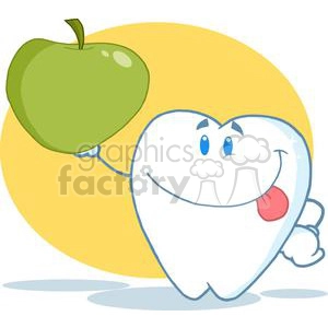 2983-Smiling-Tooth-Cartoon-Character-Holding-Up-A-Green-Apple