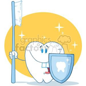 The clipart image features a cartoon tooth with a cute face, holding a toothbrush like a sword and a shield emblazoned with a tooth emblem. The tooth appears to be smiling, suggesting it's ready to fight against dental problems. The background is a warm yellow with sparkles, emphasizing the concept of cleanliness and protection regarding oral hygiene.