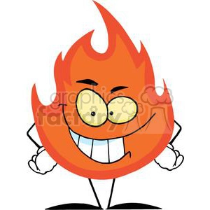The clipart image shows a cartoon character designed to look like a flame. It has a vibrant orange and red color with a comical facial expression, featuring large, googly eyes, and a wide, toothy grin. The flame character is anthropomorphized, with arms akimbo, giving it a cheeky and confident stance.
