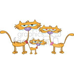 The clipart image features three cartoon cats standing side by side with exaggerated funny expressions. They all have droopy eyes, and one has a crooked frown, while the others have crooked smiles—all expressing a comical state of grumpiness or irritation. Each cat has a distinct collar; one has a red collar, the middle one a brown collar, and the third a pink collar with a flower attached to it. They have orange fur with brown stripes on their tails and limbs, white muzzles, and large purple noses.