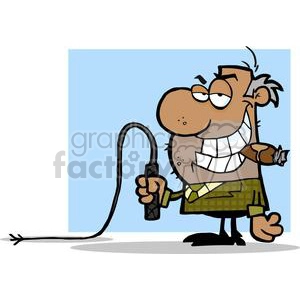 The clipart image features a cartoon character of a man with exaggerated features: a large nose, a confident expression, and a big smile showing teeth. He wears glasses, a greenish-brown plaid top, and an olive green vest with a yellow diamond pattern. In his mouth, he's smoking a cigar. His right hand holds a whip, giving a sense of authority or control.