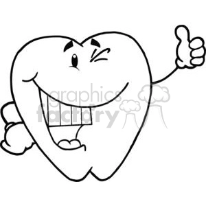 The clipart image depicts a stylized cartoon tooth with a friendly and humorous expression, giving a thumbs-up with one hand. The tooth is anthropomorphized with eyes, eyebrows, and a big, open smile showcasing its own white teeth.