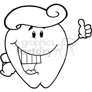 The image is a black and white clipart illustration of a whimsical, anthropomorphic tooth giving a thumbs-up sign. The tooth has a broad smile showing a set of smaller square teeth, eyes, and a French beret-style hat on top. The overall impression is of a happy, friendly tooth, representing dental health or dentistry in a fun and approachable way.