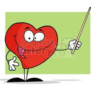 This clipart image depicts a stylized anthropomorphic red heart character with facial features—eyes and an open-mouthed smile. The heart character is holding a stick or pointer in one hand and appears to be presenting or teaching, indicated by a lively, enthusiastic expression and posture.