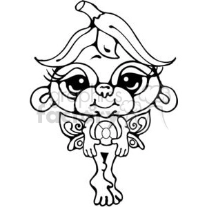 The clipart image depicts a cartoon monkey in a playful pose. The monkey has large expressive eyes and is holding a banana peel on its head, which is covering its hair like a wig. The design is a simple line drawing, likely intended for coloring activities or as a cute illustration for various media.