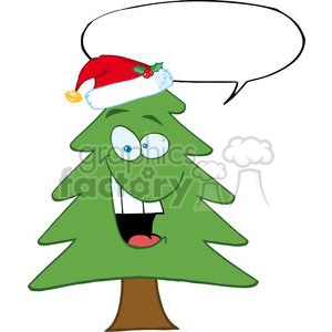Cartoon-Chrictmas-Tree-With-Santa-Hat-And-Speech-Bubble