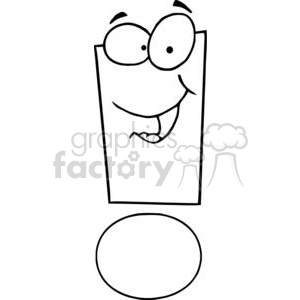 This clipart image features a simple line drawing of a funny character with large, round eyes and an open, smiling mouth, encapsulated in a stylized exclamation point shape. Below the character, there is an empty oval speech bubble.