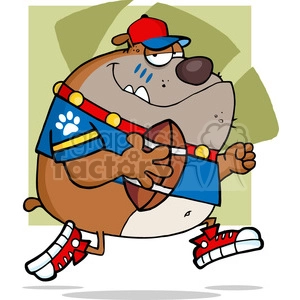 This image features a comical cartoon dog playing American football. The dog is drawn in a humorous style with exaggerated features. It is wearing a red baseball cap, a blue jersey with a paw print symbol, and red and white sneakers. The dog is holding a football