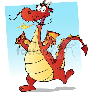 The image features a whimsical cartoon-style drawing of a red dragon with a cream-colored belly. The dragon has a playful expression, with its tongue sticking out and fire breathing out of its nostrils. It has horns with stripes, large eyes, and wings that appear slightly too small for its body. The creature's tail curves upwards and ends with a pointed tip. Its pose and facial expression suggest it's a friendly and amusing character, possibly designed for children's stories or media.