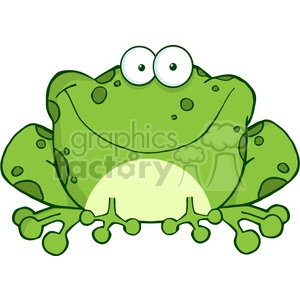 The image is a cartoon of a comically stylized frog. The frog is predominantly green with a lighter green belly, and it has large, exaggerated white eyes with black pupils, giving it a surprised or goofy expression. The frog's legs are spread out to the sides, and it has noticeable darker green spots and lines on its back and legs, as well as a happy, content smile.