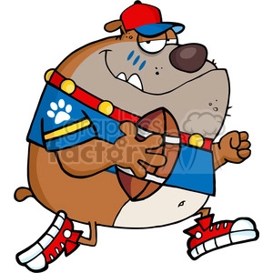This clipart image features a comical, cartoon-style dog dressed up as a football player. The dog appears to be in a dynamic pose, as if running or about to throw a football. The dog has a confident, determined expression with a slight smirk, sweaty face, and is wearing a blue jersey with a paw print and decorative shoulder epaulettes, a red and yellow bandana around the neck, a backwards red cap, eye black under one eye, and lace-up athletic shoes.