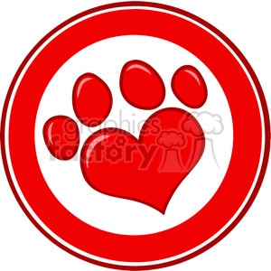 This clipart image shows a red animal paw print where one of the paw pads is replaced with a red heart-shaped symbol, all encircled by a red round border. The artwork is styled in bold red colors and implies a theme of love or affection associated with pets or animals.