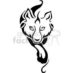 The image is a black and white vector clipart of a stylized canine figure. Its design is reminiscent of a husky or wolf, with prominent features such as pointed ears, eyes, and a snout. The image has a tribal or tattoo-like style, with flowing, bold lines and sharp angles, giving it an abstract and artistic appearance. This kind of design is often used for vinyl decals, tattoos, logos, and graphic design projects that require a wild, animalistic theme with a sleek, modern twist.