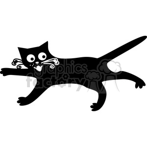 The image shows a playful black cat silhouette with exaggerated cartoon-like features. The cat has large eyes, extended whiskers, and its body is stretched out in a dynamic pose.