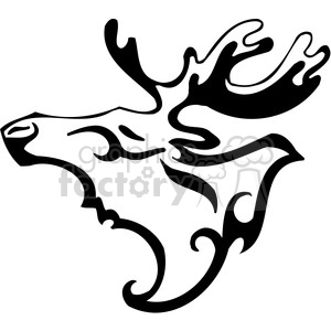 This clipart image features a stylized black and white outline of a moose head with antlers. The design is intricate and appears to be suitable for vinyl decals or tattoos, capturing the essence of the animal in a tribal or abstract art style.