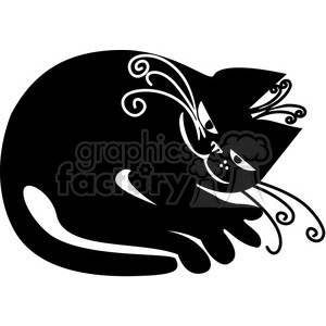The image is a black and white clipart or illustration of a stylized black cat. The cat has decorative swirls and flourishes, giving it an elegant and whimsical appearance. The cat is depicted lying down with its tail curled around its body, and it has a distinctive face with pointed ears.