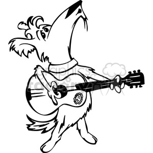 This clipart image features a cartoon dog standing upright and howling or singing while holding a guitar as if it is performing. The dog appears to have a funny and entertaining character, possibly wearing a turtleneck sweater, and seems to be a performer.