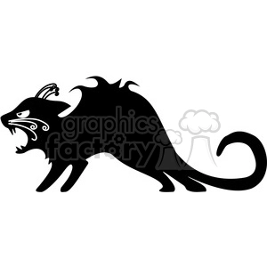 The clipart image depicts a stylized black cat in an arched-back, hissing pose with tail curled. The cat's silhouette features artistic swirl patterns within the body, contributing to a somewhat spooky or supernatural feel, often associated with Halloween themes.