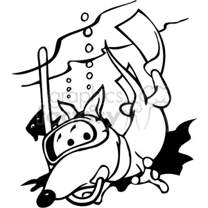 The clipart image depicts a humorous illustration of a dog engaging in scuba diving. The dog is underwater, equipped with a scuba mask and breathing tube, and seems to be swimming with fins on its legs. It's a stylized, cartoonish black and white image intended to be funny and whimsical, combining the concept of pets with a human activity such as scuba diving.