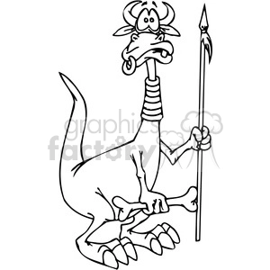 This clipart image depicts a funny, cartoonish dragon that has a whimsical and tribal appearance. The dragon is standing upright on two legs, holding a spear with one hand, and wearing a helmet adorned with two large horns. Its facial expression is comical, with large, protruding eyes and an amusing look.