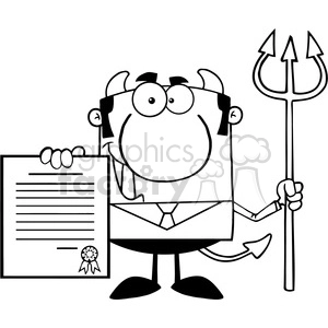 Clipart of Smiling Devil Boss With A Trident Holds Up A Contract