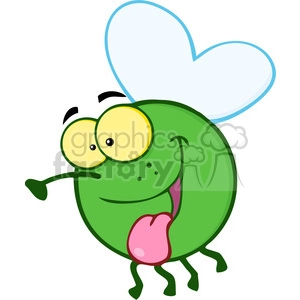 The clipart image depicts a cartoon fly. This fly has a plump green body, large yellow eyes, a wide smile, and a pink tongue sticking out. It also has 4 thin legs and a pair of blue wings that are heart-shaped.