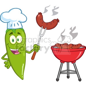 6793 Royalty Free Clip Art Cute Green Chili Pepper Chef With Sausage On Fork Cook At Barbecue