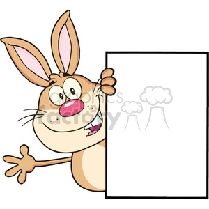 Royalty Free RF Clipart Illustration Cute Brown Rabbit Cartoon Character Looking Around A Blank Sign And Waving