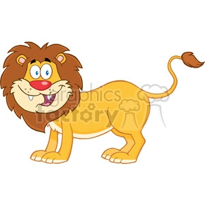 This is a clipart image of a cartoon lion with a happy and slightly goofy expression. It features a stylized depiction of a lion with a large mane, wide eyes, and a big nose. The lion also has pronounced eyebrows, a smiling mouth with a tongue hanging out, and saliva droplets to suggest eagerness, thirst, or hunger. Its body has a simple, rounded design, and its tail is curved with a tuft at the end.