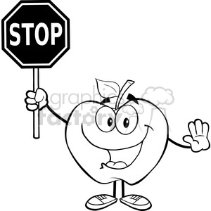 5964 Royalty Free Clip Art Apple Cartoon Mascot Character Holding A Stop Sign
