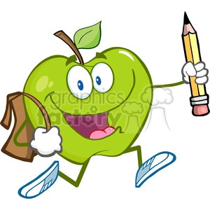 5803 Royalty Free Clip Art Happy Green Apple Character With School Bag And Pencil Goes To School