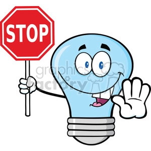 6143 Royalty Free Clip Art Blue Light Bulb Cartoon Character Holding A Stop Sign