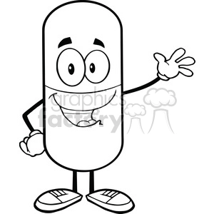 6291 Royalty Free Clip Art Black and White Pill Capsule Cartoon Character Waving For Greeting