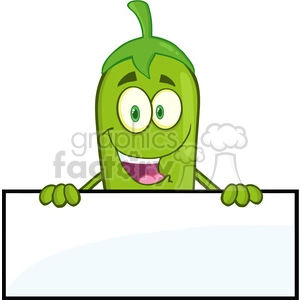 6782 Royalty Free Clip Art Smiling Green Chili Pepper Cartoon Mascot Character Over Blank Sign