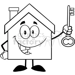 6483 Royalty Free Clip Art Black and White House Cartoon Character Holding Up A Key